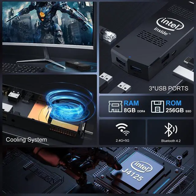Alt view image 3 of 5 - AIOEXPC Mini Computer Stick with Windows 11 Pro Intel Celeron J4125 8GB DDR4 256GB SSD PC Stick Support UHD 4K 60Hz WiFi 2.4G/5G Gigabit Ethernet BT 4.2