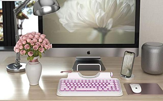 Alt view image 5 of 5 - RYMEK Typewriter Style Mechanical Wired & Wireless Keyboard with Tablet Stand, Bluetooth Connection (White)