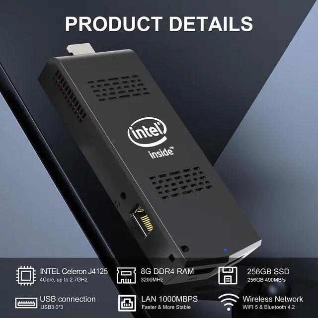 Alt view image 5 of 5 - AIOEXPC Mini Computer Stick with Windows 11 Pro Intel Celeron J4125 8GB DDR4 256GB SSD PC Stick Support UHD 4K 60Hz WiFi 2.4G/5G Gigabit Ethernet BT 4.2