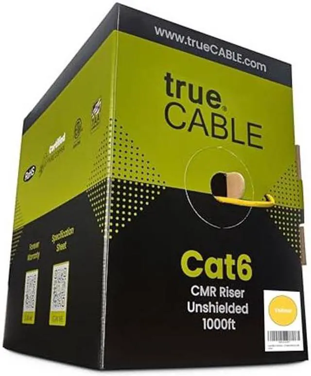 Main image of trueCABLE Cat6 Riser (CMR), 1000ft, Yellow, 23AWG 4 Pair Solid Bare Copper, 550MHz, PoE++ (4PPoE), ETL Listed, Unshielded Twisted Pair (UTP), Bulk Ethernet Cable