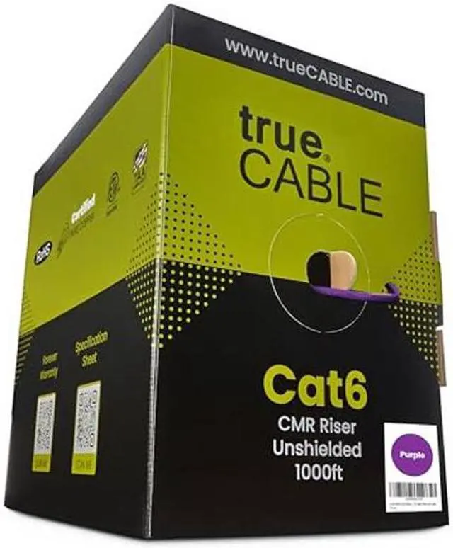Main image of trueCABLE Cat6 Riser (CMR), 1000ft, Purple, 23AWG 4 Pair Solid Bare Copper, 550MHz, PoE++ (4PPoE), ETL Listed, Unshielded Twisted Pair (UTP), Bulk Ethernet Cable