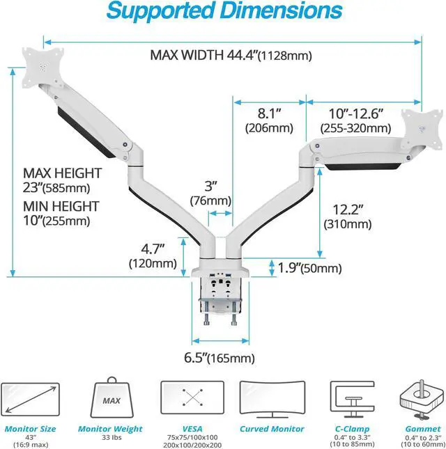 Alt view image 5 of 5 - AVLT Dual 13"-43" Monitor Arm Desk Mount fits Two Flat/Curved Monitor Full Motion Height Swivel Tilt Rotation Adjustable Monitor Arm - White/VESA/C-Clamp/Grommet/Cable Management
