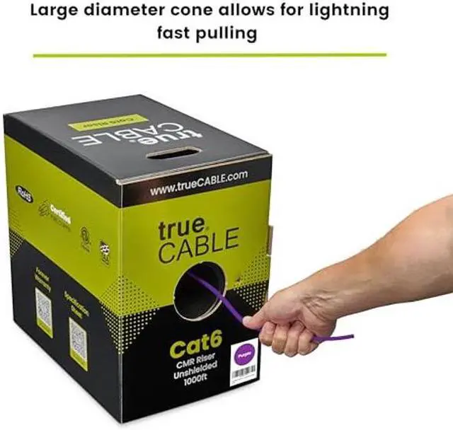 Alt view image 4 of 5 - trueCABLE Cat6 Riser (CMR), 1000ft, Purple, 23AWG 4 Pair Solid Bare Copper, 550MHz, PoE++ (4PPoE), ETL Listed, Unshielded Twisted Pair (UTP), Bulk Ethernet Cable
