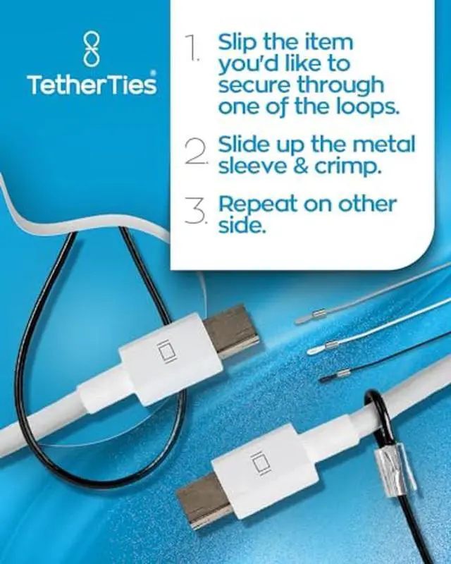 Alt view image 4 of 4 - TetherTies Patented Pre-Assembled Adapter Ties - Anti-Theft Cable Locks for Tools, Dongles, Tethers, Computer adapters. Steel Cable, Security Lock, Easy Installation with Free Crimping Tool