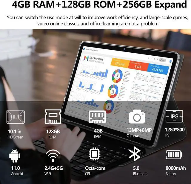 Alt view image 2 of 5 - 2024 Newest 2 in 1 Tablet 128GB Storage+1TB Expand 10 inch Tablets, 2.4G&5G WIFI Tablet PC, Android 12 Tablet with Keyboard, Octa Core HD Touchscreen 13MP Dual Camera GMS Tablet with Case Mouse (Gray)