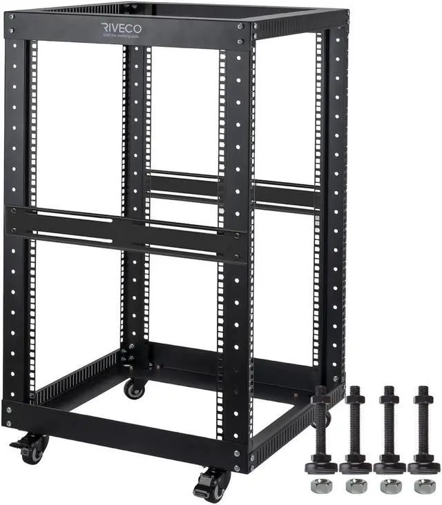 Main image of RIVECO 18U Open Frame Server Rack with Brake Casters- Heavy Duty 4 Post Quick Assembly 19-inch Rack Network Durable Black