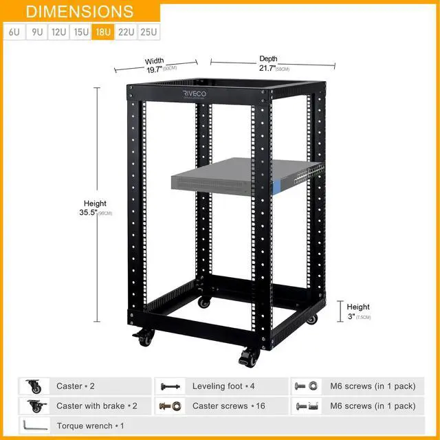 Alt view image 3 of 5 - RIVECO 18U Open Frame Server Rack with Brake Casters- Heavy Duty 4 Post Quick Assembly 19-inch Rack Network Durable Black