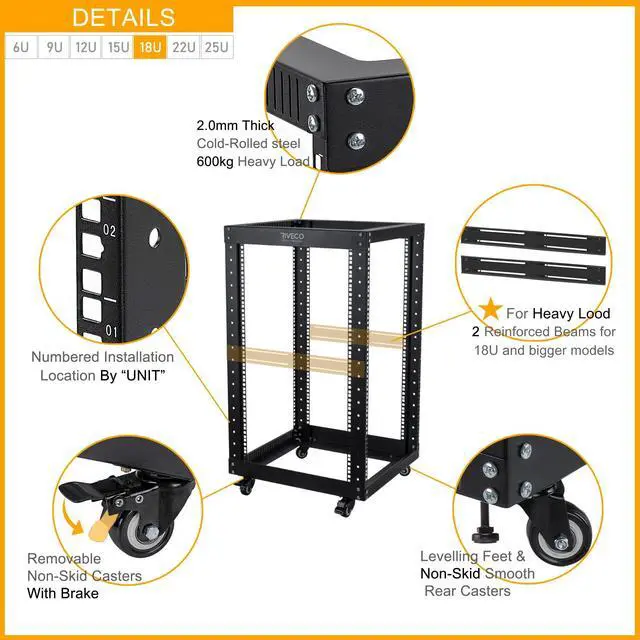 Alt view image 4 of 5 - RIVECO 18U Open Frame Server Rack with Brake Casters- Heavy Duty 4 Post Quick Assembly 19-inch Rack Network Durable Black