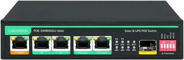 Main image of LINOVISION Solar PoE Switch with Built-in Solar Charge Controller, Battery Management and External DC Charging, Non-Stop UPS Power for Up to 5 PoE Cameras and PoE 24V Devices