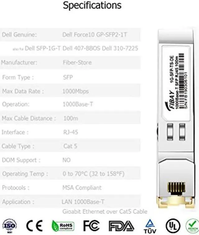 Alt view image 3 of 5 - OPSTRAN 1000BASE-T SFP to RJ-45 Copper Transceiver Module Compatible with Dell Force10 GP-SFP2-1T SFP-1G-T 310-7225 407-BBOS 100m Cat5e/6 10 Pack