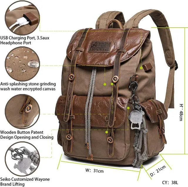 Alt view image 2 of 5 - Vintage Canvas Leather Backpack for Men Women, Waterproof Rucksack Knapsack Hiking Travel Outdoor,Retro Leather 17" Laptop Casual Backpack, Brown