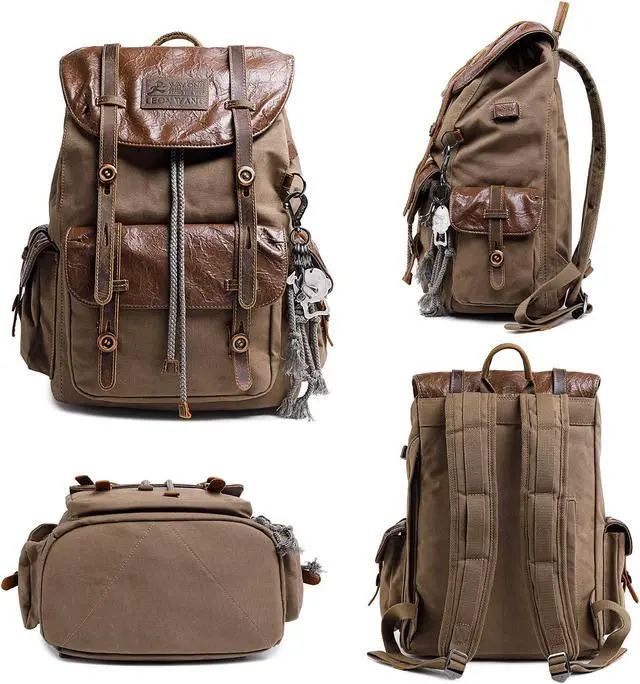Alt view image 3 of 5 - Vintage Canvas Leather Backpack for Men Women, Waterproof Rucksack Knapsack Hiking Travel Outdoor,Retro Leather 17" Laptop Casual Backpack, Brown