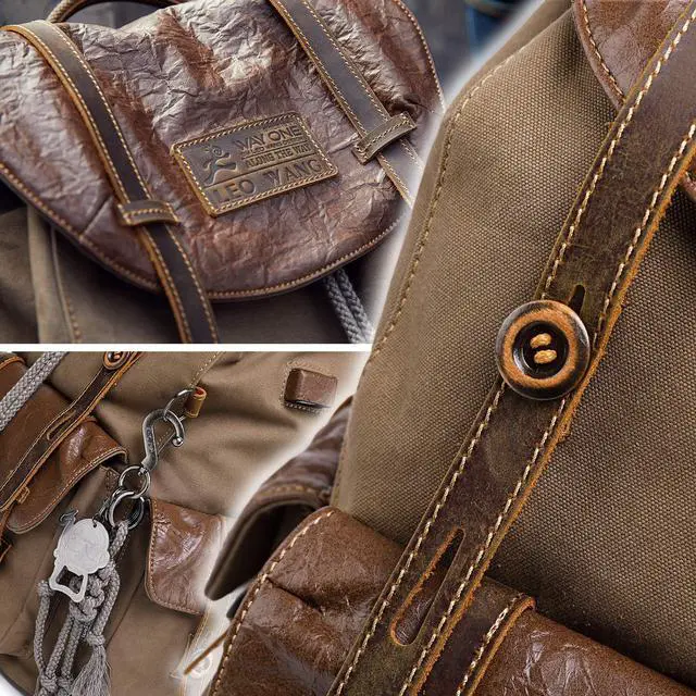 Alt view image 5 of 5 - Vintage Canvas Leather Backpack for Men Women, Waterproof Rucksack Knapsack Hiking Travel Outdoor,Retro Leather 17" Laptop Casual Backpack, Brown