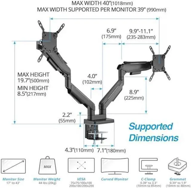 Alt view image 4 of 5 - AVLT RGB Lights Dual 17"-43" Gaming Monitor Arm Desk Mount, Fits Two Flat/Curved/Ultrawide Screen up to 44lbs(20kg), Height Swivel Tilt Adjustable Stand - Black