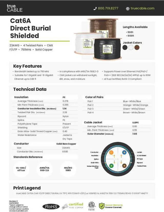 Alt view image 5 of 5 - trueCABLE Cat6A Direct Burial, Shielded FTP, 500ft, Waterproof, Outdoor Rated CMX, Brown, 23AWG Solid Bare Copper, 750MHz, PoE++ (4PPoE), ETL Listed, Bulk Ethernet Cable