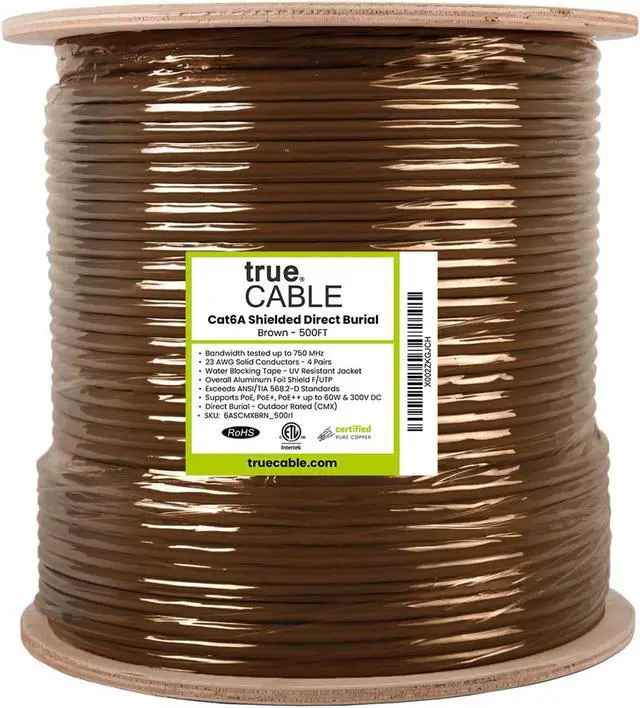 Alt view image 4 of 5 - trueCABLE Cat6A Direct Burial, Shielded FTP, 500ft, Waterproof, Outdoor Rated CMX, Brown, 23AWG Solid Bare Copper, 750MHz, PoE++ (4PPoE), ETL Listed, Bulk Ethernet Cable