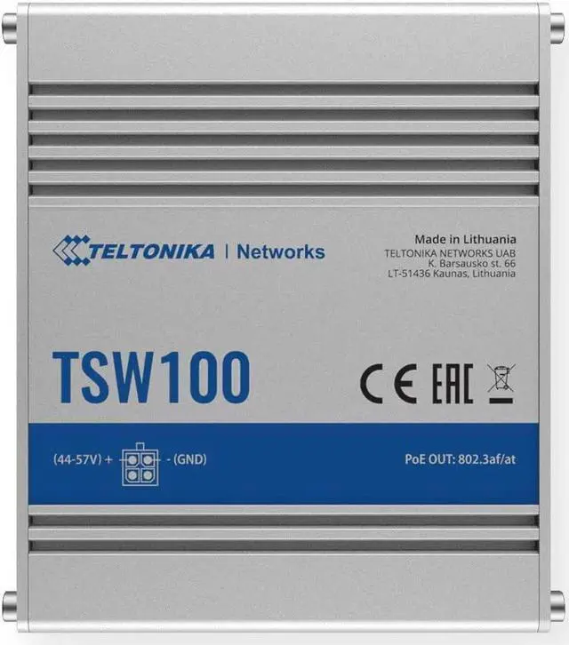 Main image of Teltonika TSW100000030 Model TSW100 Industrial Unmanaged POE+ Switch, AU PSU, 4 x PoE Ports, Rugged Aluminum Housing, 5 x Gigabit Ethernet with Speeds up to 1000 Mbps, Plug-N-Play
