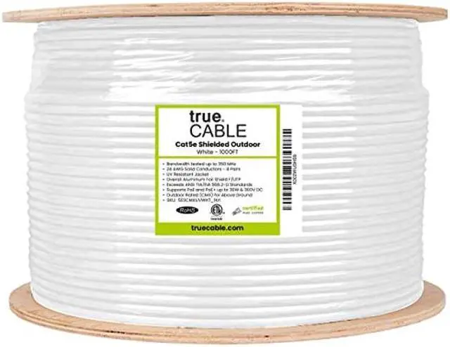 Alt view image 4 of 5 - trueCABLE Cat5e Outdoor, Shielded FTP, 1000ft, UV Resistant, Aerial CMX Rated, White, 24AWG Solid Bare Copper, 350MHz, PoE++ (4PPoE), ETL Listed, Bulk Ethernet Cable