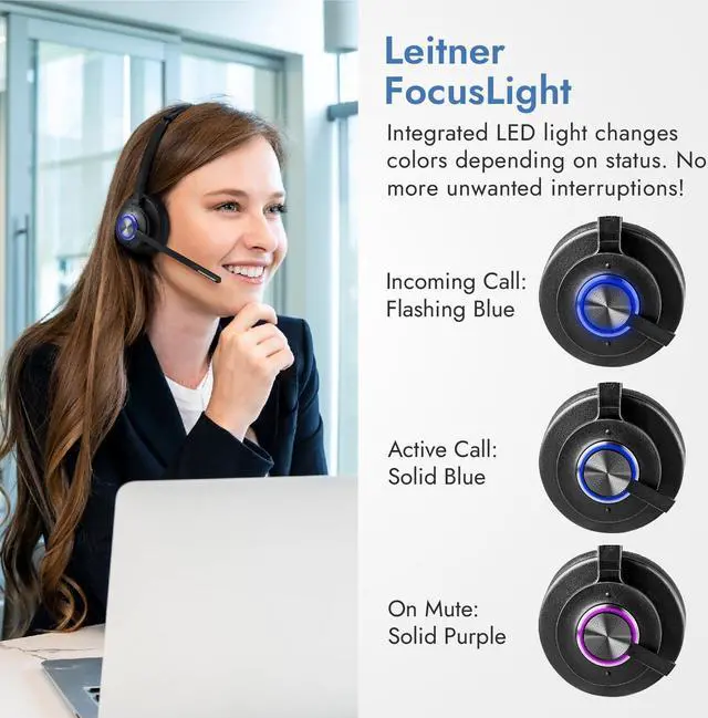 Alt view image 2 of 5 - Leitner LH475XL - Extra Comfort and Focus with XL Earpad - Wireless Computer Headset with Microphone - DECT USB Dongle Headset for Softphone, Computer, Laptop, and Tablet