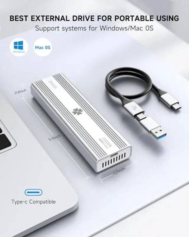 Alt view image 4 of 4 - iDiskk 40Gbps 2TB M.2 NVMe SSD Professional Sturdy USB-C Aluminum External Solid State Hard Drive - Up to 3000MB/s, Thunderbolt 3 (40Gbps), USB-C (10Gbps),Compatible with USB4/3.2/3.1/3.0/2.0
