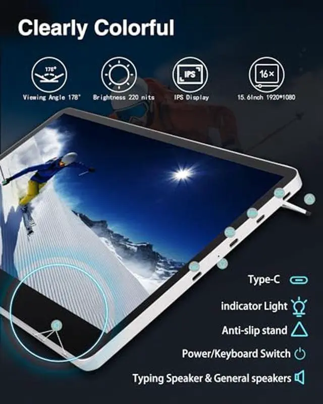 Alt view image 3 of 5 - Alecewey KX Laptop Screen Extender Monitor Portable Monitor for Laptop 15.6 Inch 1080P FHD IPS Touch Screen Laptop Monitor Extender Plug and Play Type-C/HDMI for Windows,Mac