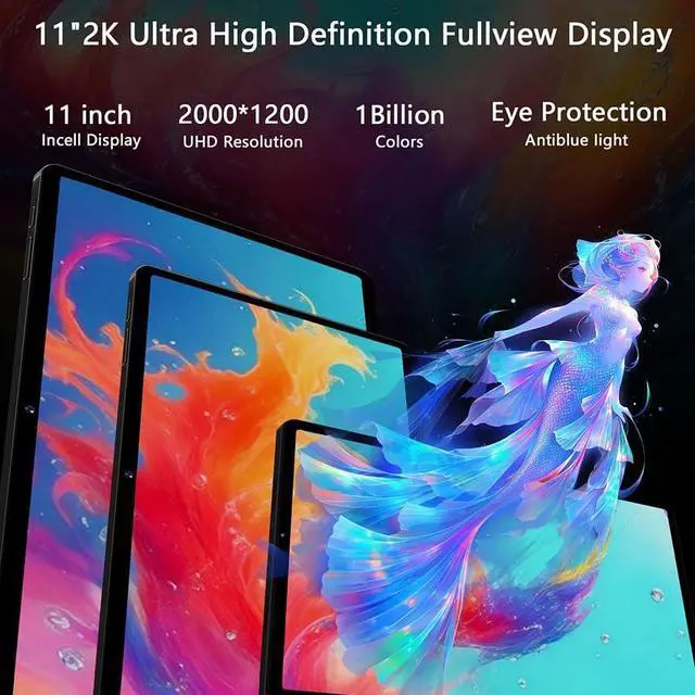 Alt view image 4 of 5 - Newest 11 Inch Tablet 2K Display 2000*1200 UHD 16GB RAM+256GB UFS ROM(1TB TF), Android 13, WiFi 5G, BT 5.0, 8-Cores, 4 Speakers, 8600mAh, 5MP+13MP+2MP, Metal Body, with Case, Keyboard & Mouse - Black