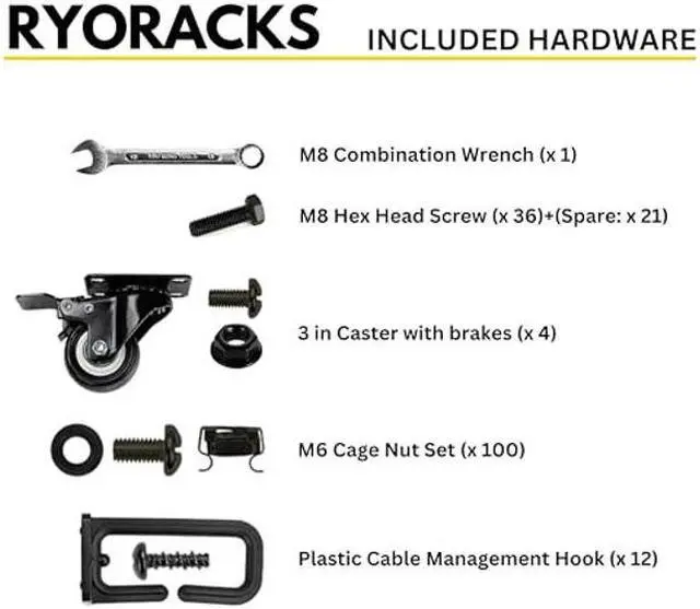 Alt view image 2 of 4 - RyoRacks 22U 4-Post Open Frame Floor Standing Server Rack, 22" - 40" Adjustable Mounting Depth, Extra Cage Nut, Lockable Casters - Perfect for Computer, AV, Data, IT Equipment, Homelab, or File Server