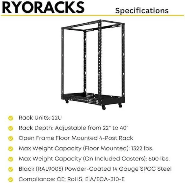 Alt view image 3 of 4 - RyoRacks 22U 4-Post Open Frame Floor Standing Server Rack, 22" - 40" Adjustable Mounting Depth, Extra Cage Nut, Lockable Casters - Perfect for Computer, AV, Data, IT Equipment, Homelab, or File Server