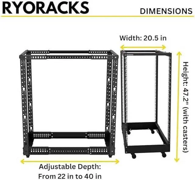 Alt view image 4 of 4 - RyoRacks 22U 4-Post Open Frame Floor Standing Server Rack, 22" - 40" Adjustable Mounting Depth, Extra Cage Nut, Lockable Casters - Perfect for Computer, AV, Data, IT Equipment, Homelab, or File Server