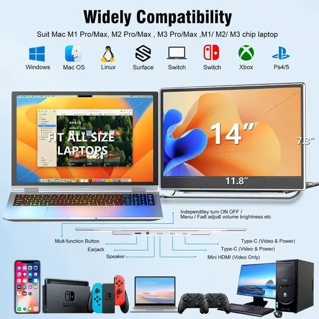 Alt view image 3 of 5 - KEFEYA Laptop Screen Extender Portable Monitor, 14" FHD IPS 1200P Travel Dual Second Monitor for Laptop
