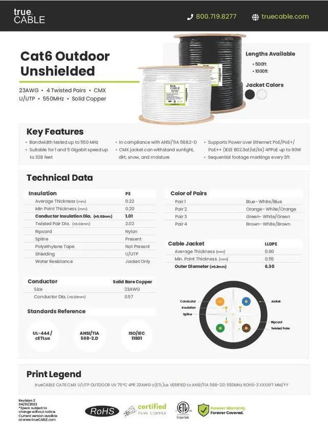 Alt view image 5 of 5 - trueCABLE Cat6 Outdoor, Unshielded UTP, 1000ft, UV Resistant, Aerial CMX Rated, Black, 23AWG Solid Bare Copper, 550MHz, PoE++ (4PPoE), ETL Listed, Bulk Ethernet Cable