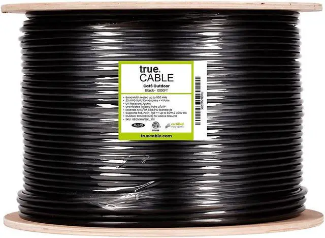 Alt view image 4 of 5 - trueCABLE Cat6 Outdoor, Unshielded UTP, 1000ft, UV Resistant, Aerial CMX Rated, Black, 23AWG Solid Bare Copper, 550MHz, PoE++ (4PPoE), ETL Listed, Bulk Ethernet Cable