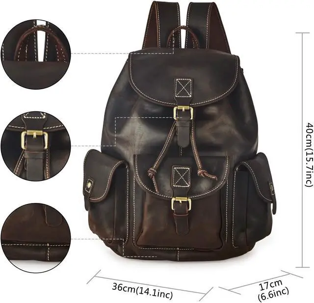 Alt view image 2 of 5 - BRASS TACKS Leathercraft Backpack for Men Women Vintage Crazy Horse Full Leather Travel Daypack 15.6" Laptop Rucksack