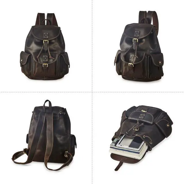 Alt view image 3 of 5 - BRASS TACKS Leathercraft Backpack for Men Women Vintage Crazy Horse Full Leather Travel Daypack 15.6" Laptop Rucksack