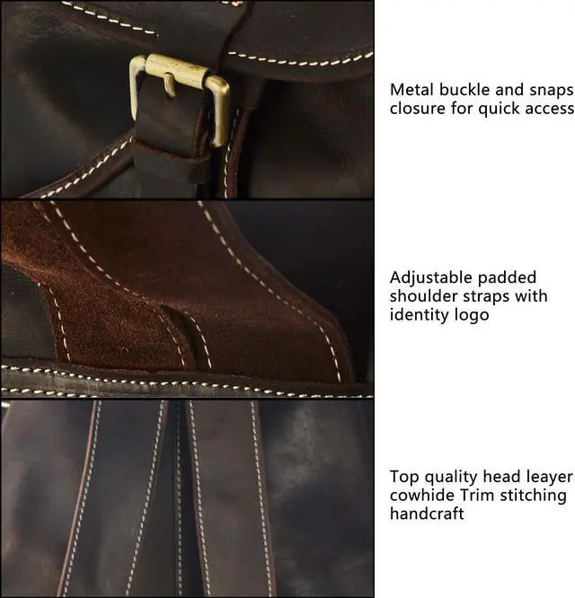 Alt view image 4 of 5 - BRASS TACKS Leathercraft Backpack for Men Women Vintage Crazy Horse Full Leather Travel Daypack 15.6" Laptop Rucksack