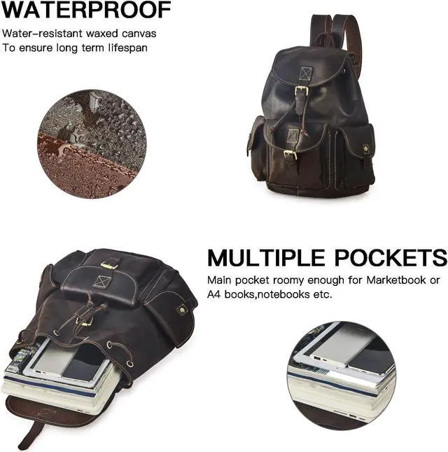 Alt view image 5 of 5 - BRASS TACKS Leathercraft Backpack for Men Women Vintage Crazy Horse Full Leather Travel Daypack 15.6" Laptop Rucksack