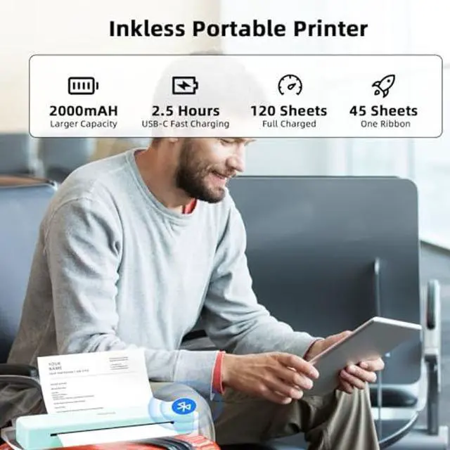 Alt view image 3 of 5 - PokeLabel P831 Portable Bluetooth Thermal Printer, 300 DPI Inkless & Wireless, Quiet & Fast Printing, US Letter/A4/A5/B5 Paper Compatibility, Ideal for Business Travel & Occasional Print Needs