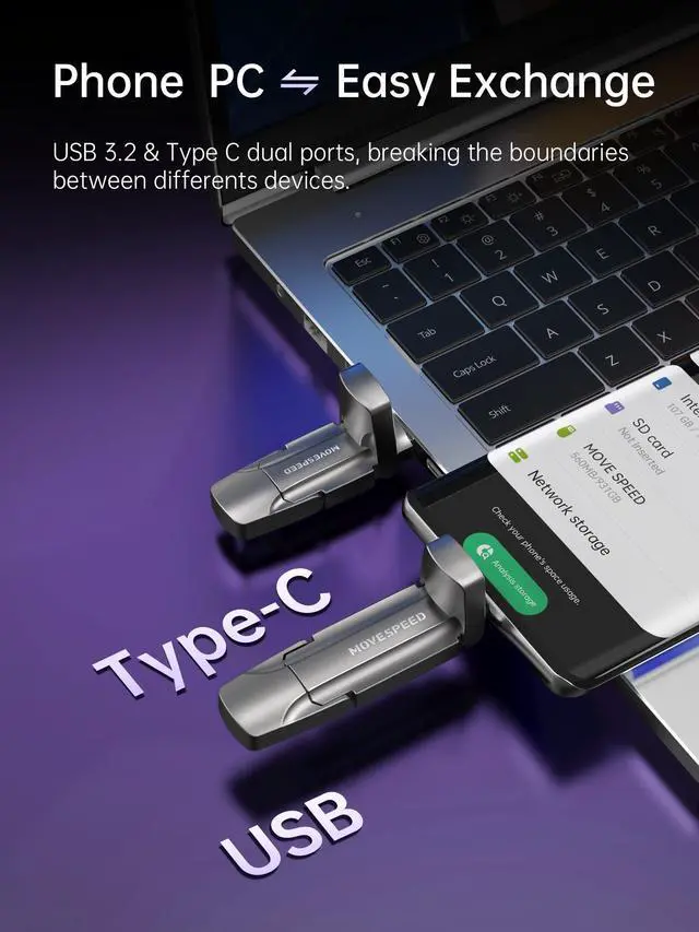 Alt view image 3 of 5 - MOVE SPEED 2TB USB C Flash Drive, 1000MB/s Read Write Speed, USB 3.2 Gen2+Type C Dual Interface SSD USB Drive with Keychain Leather Case Thumb Drive for iPhone 15 Series/MacBook/Android Phone etc