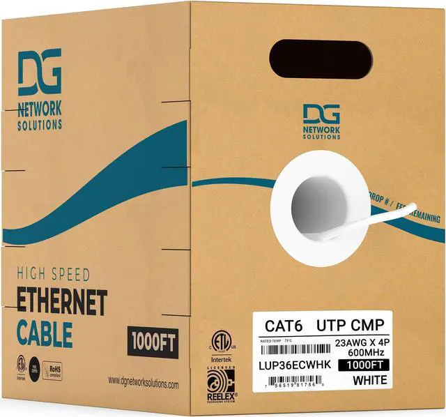 Main image of DG Cat6 Plenum (CMP), 1000ft, 600MHz, Unshielded, UTP, 23AWG, Solid Bare Copper, ETL Listed, Bulk Ethernet Cable, Easy Pull Box, Reelex Packaging, White