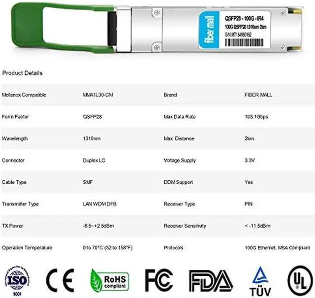 Alt view image 2 of 5 - 100G QSFP28 CWDM4 for Mellanox MMA1L30-CM, 100GBASE-CWDM4,QSFP28 Optical Transceiver Module 1310nm 2km LC SMF DOM