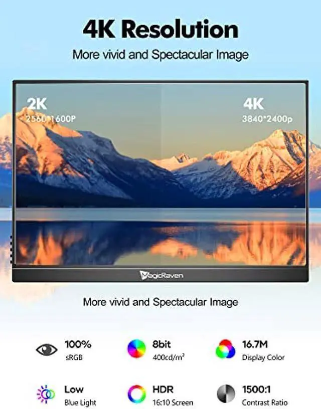 Alt view image 2 of 5 - MAGICRAVEN 4K Portable Monitor, 16" 3840x2400 IPS Laptop Monitor, 1500:1, 400 Nits Screen USB C HDMI Computer Gaming Display with Speakers & Smart Cover, Travel Monitor for PC Phone PS5/4 Xbox Switch
