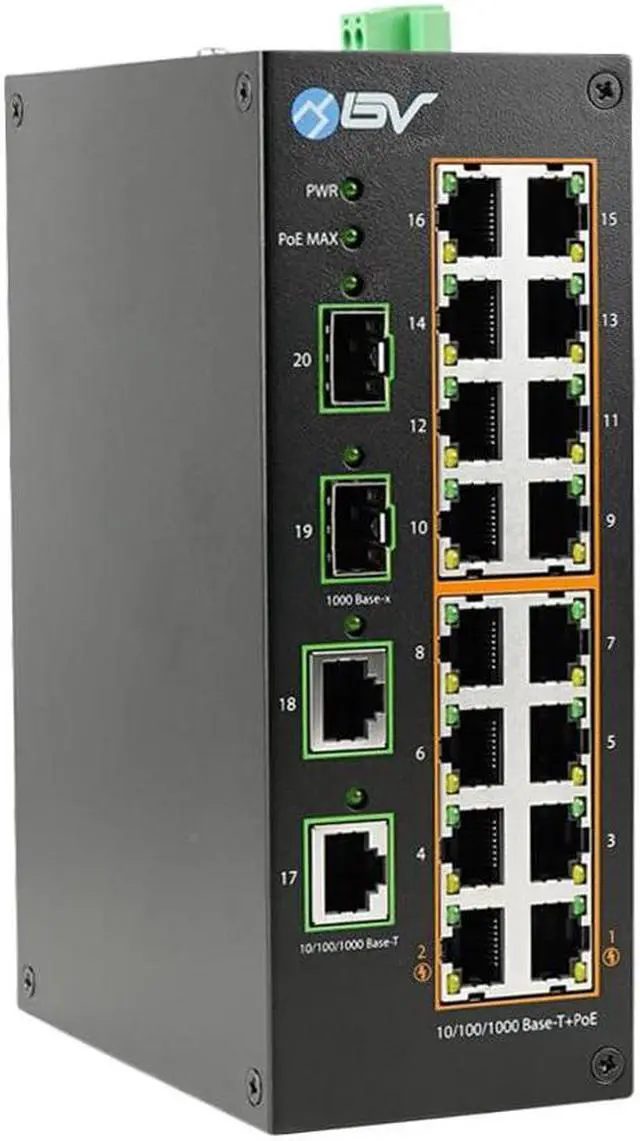 Main image of BV-Tech Industrial DIN Rail PoE Ethernet Switch - 16 Gigabit Ports, 2 SFP Uplinks, 190W PoE Budget