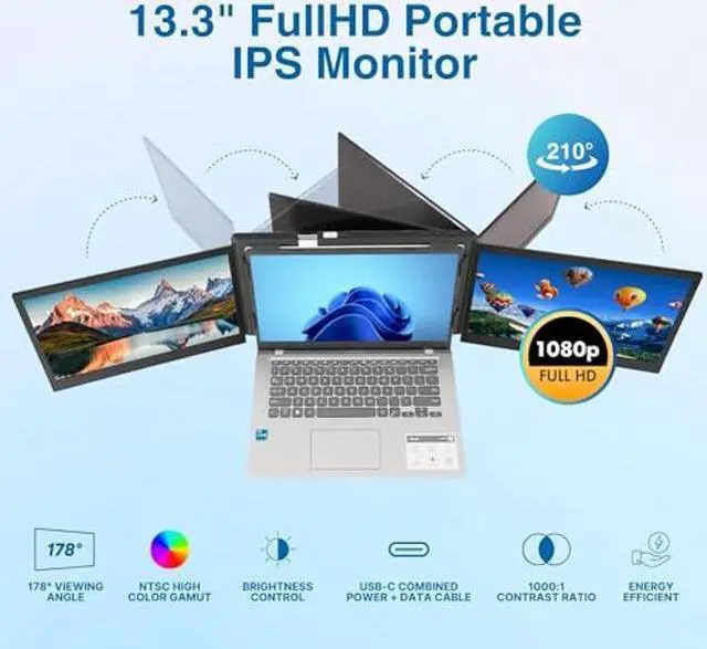 Alt view image 2 of 5 - Asani 13.3" Portable Monitor - Full HD Tri-Screen Extender for Laptops, Single Cable Connection with USB-A/Type-C, Plug and Play, Compatible with 13"-17" Laptops, Tri-Screen Touch Capability