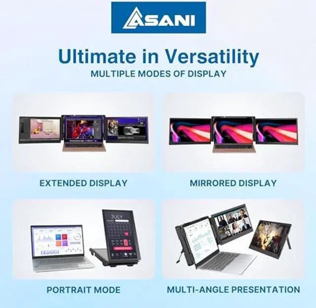 Alt view image 3 of 5 - Asani 13.3" Portable Monitor - Full HD Tri-Screen Extender for Laptops, Single Cable Connection with USB-A/Type-C, Plug and Play, Compatible with 13"-17" Laptops, Tri-Screen Touch Capability