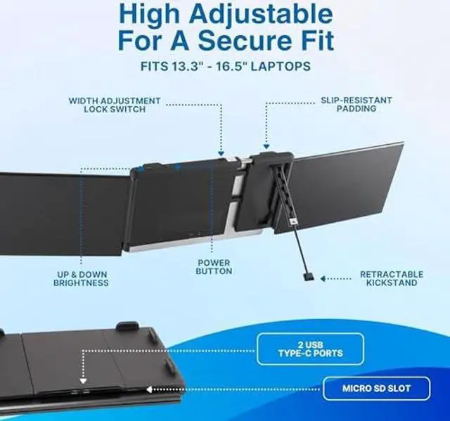 Alt view image 4 of 5 - Asani 13.3" Portable Monitor - Full HD Tri-Screen Extender for Laptops, Single Cable Connection with USB-A/Type-C, Plug and Play, Compatible with 13"-17" Laptops, Tri-Screen Touch Capability