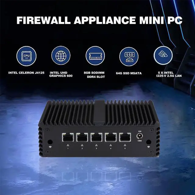 Alt view image 3 of 5 - KETUOPU Firewall Mini PC J4125, Fanless PC with Celeron J4125, 8G DDR4 RAM 64G SSD, 5 Intel I225-V 2.5G LAN, K4125L5 Mini Router Server Firewall Appliance, Support AES-NI