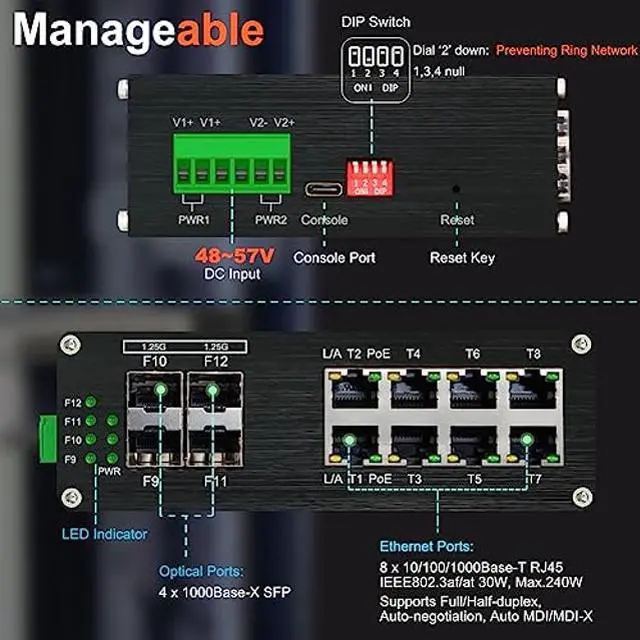 Alt view image 2 of 5 - Industrial 8 Ports L2 Managed Gigabit PoE Fiber Switch with 4 1000Base-X SFP Slots Layer 2+ Web Management Din Rail Network Switch 802.3at 30W Support QOS, VLAN, Ring Network, IGMP 48-57V DC Input