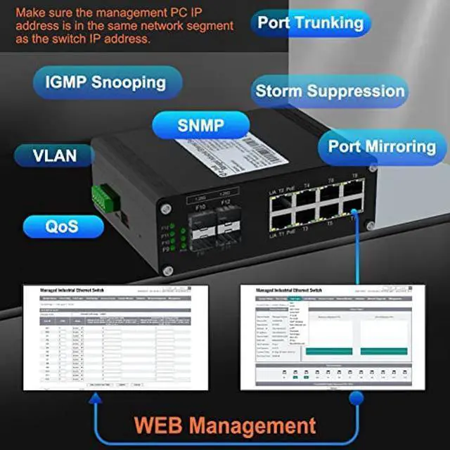 Alt view image 5 of 5 - Industrial 8 Ports L2 Managed Gigabit PoE Fiber Switch with 4 1000Base-X SFP Slots Layer 2+ Web Management Din Rail Network Switch 802.3at 30W Support QOS, VLAN, Ring Network, IGMP 48-57V DC Input