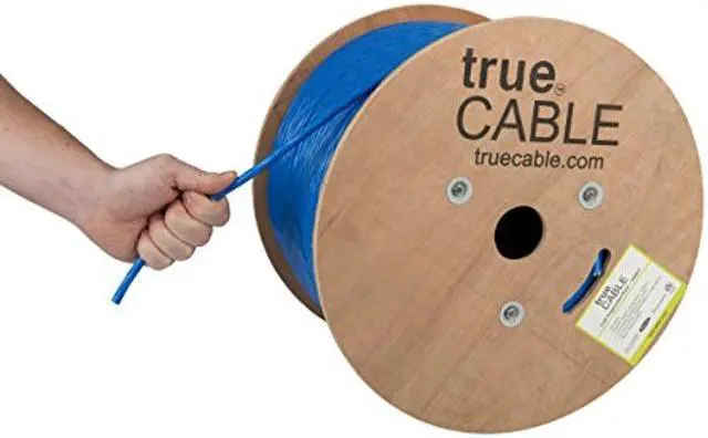 Main image of trueCABLE Cat6A Riser (CMR), 1000ft, Blue, 23AWG 4 Pair Solid Bare Copper, 750MHz, PoE++ (4PPoE), ETL Listed, Unshielded Twisted Pair (UTP), Bulk Ethernet Cable