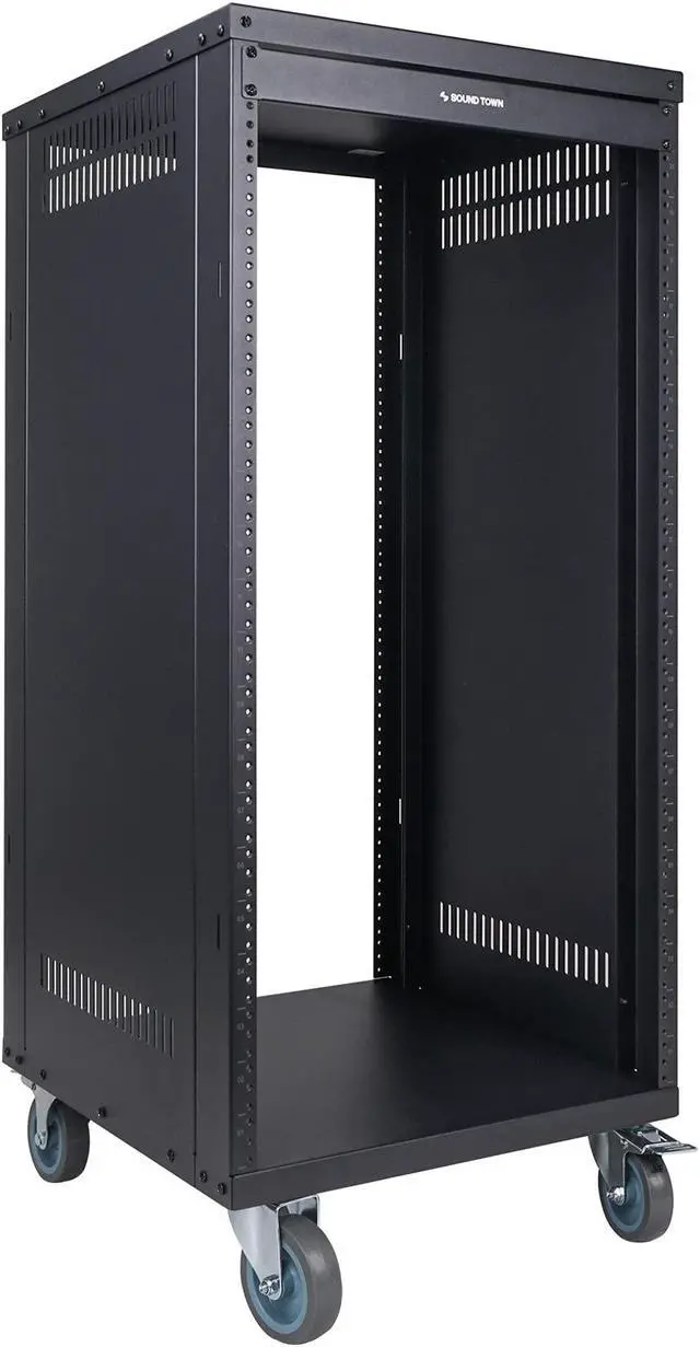 Main image of Sound Town 21U Universal Steel Rack, w/ 3" Locking Casters, Vented Side Panels for Audio Video, Server and Network Equipment (STRK-M21U)